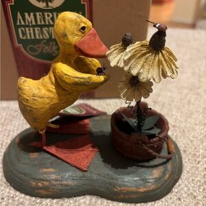 American Chestnut Folk Art AM3007 Garden Friends Duck looking at Ladybug